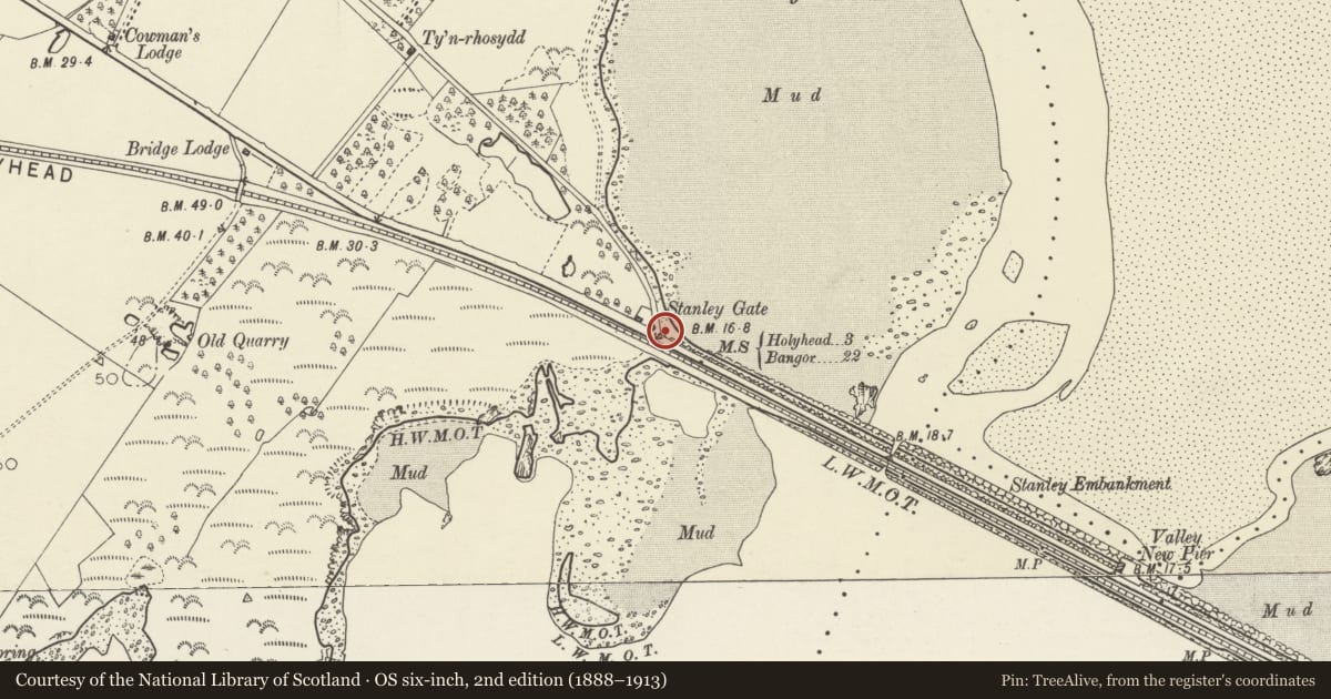 Ordnance Survey six-inch map, 2nd edition (1888–1913) covering the location of Telford Milestone (3), Holyhead, Isle of Anglesey, with a pin at the register's coordinates