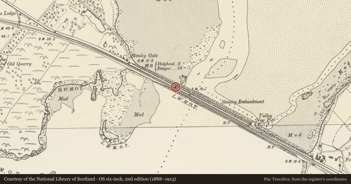 Ordnance Survey six-inch map, 2nd edition (1888–1913) covering the location of Stanley Embankment, Holyhead, Isle of Anglesey, with a pin at the register's coordinates