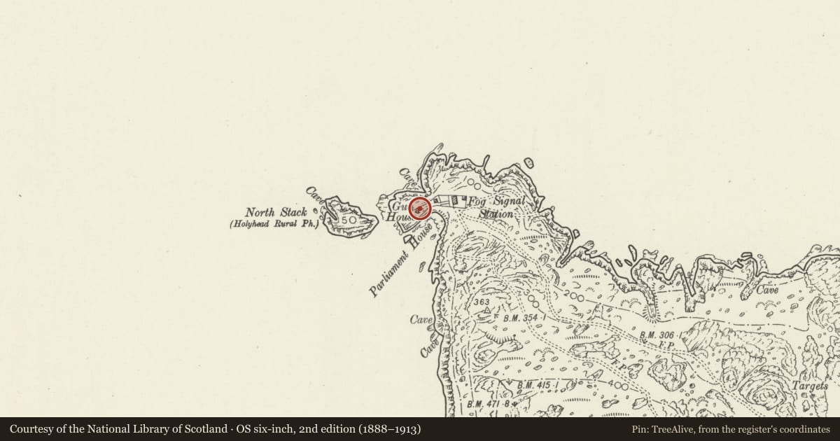 Ordnance Survey six-inch map, 2nd edition (1888–1913) covering the location of Former powder magazine for fog signalling station and enclosure walls, Trearddur, Isle of Anglesey, with a pin at the register's coordinates