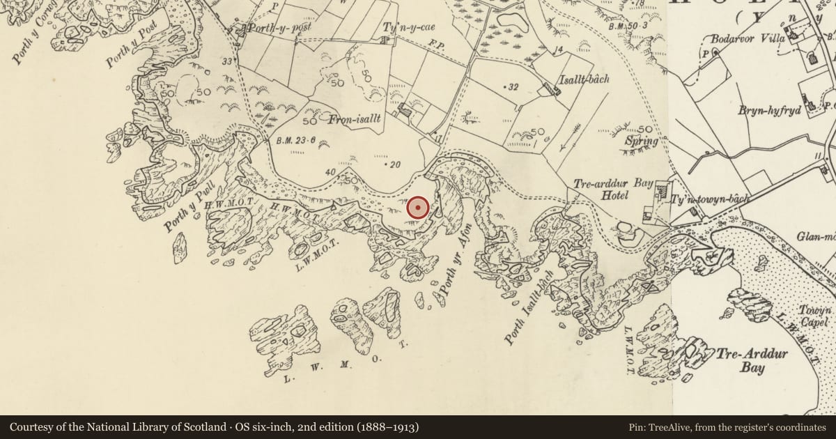 Ordnance Survey six-inch map, 2nd edition (1888–1913) covering the location of Craig y Mor, Trearddur, Isle of Anglesey, with a pin at the register's coordinates