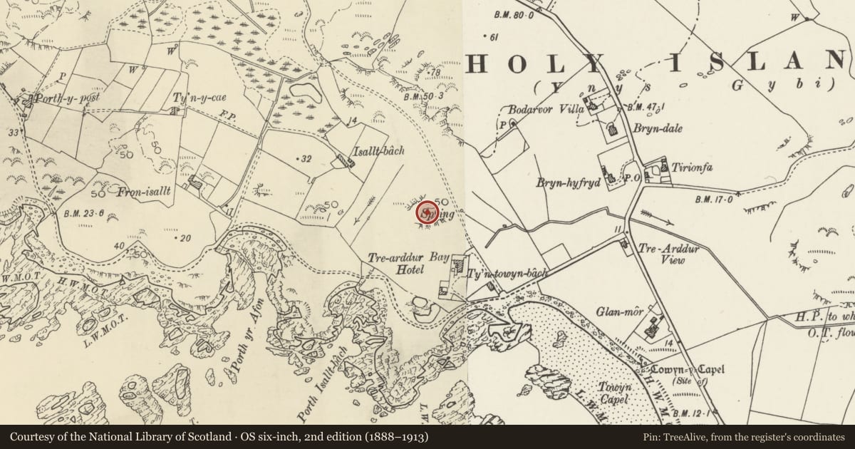 Ordnance Survey six-inch map, 2nd edition (1888–1913) covering the location of Pillbox adjacent to Trearddur Bay Hotel, Isle of Anglesey, with a pin at the register's coordinates