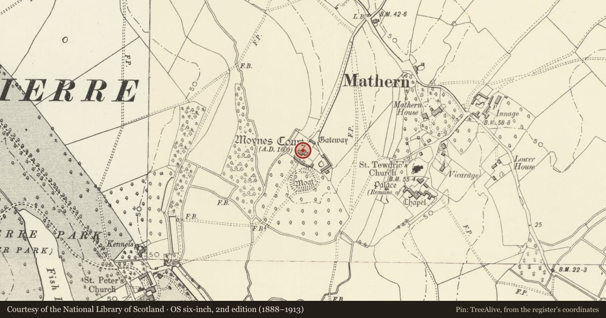 Ordnance Survey six-inch map, 2nd edition (1888–1913) covering the location of Moynes Court, Nos 1 and 2, Mathern, Monmouthshire, with a pin at the register's coordinates