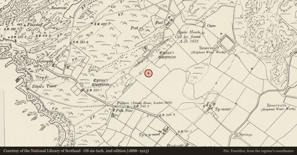 Ordnance Survey six-inch map, 2nd edition (1888–1913) covering the location of Tan-y-Cytiau, Trearddur, Isle of Anglesey, with a pin at the register's coordinates