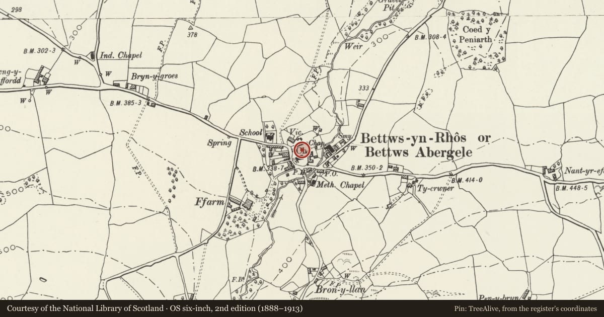 Ordnance Survey six-inch map, 2nd edition (1888–1913) covering the location of Railed Wynne Vault in churchyard of St Michael's Church, Betws Yn Rhos, Conwy, with a pin at the register's coordinates