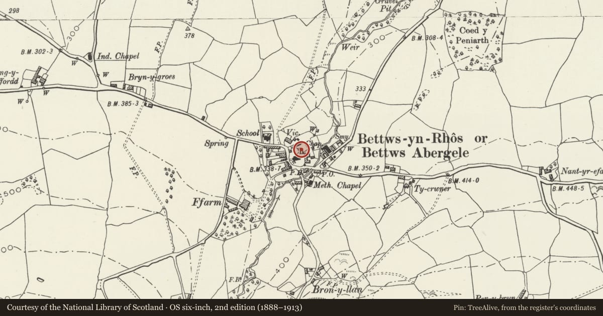 Ordnance Survey six-inch map, 2nd edition (1888–1913) covering the location of Railed Foulkes Chest-tomb in churchyard of St Michael's Church, Betws Yn Rhos, Conwy, with a pin at the register's coordinates