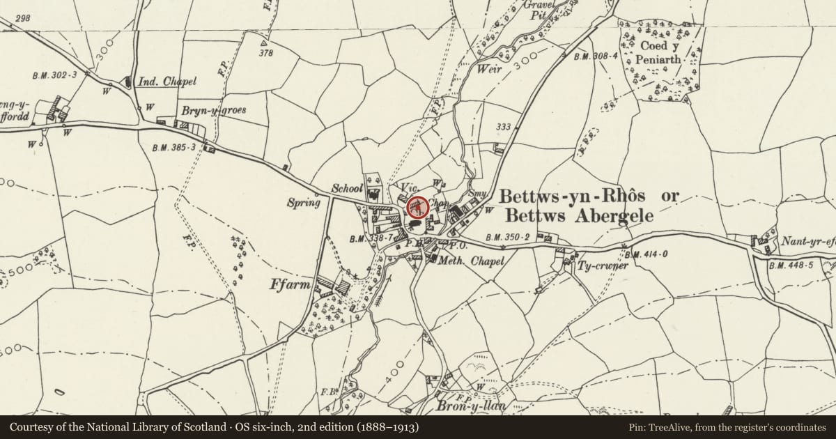 Ordnance Survey six-inch map, 2nd edition (1888–1913) covering the location of Railed Pair of Tombs in churchyard of St Michael's Church, Betws Yn Rhos, Conwy, with a pin at the register's coordinates