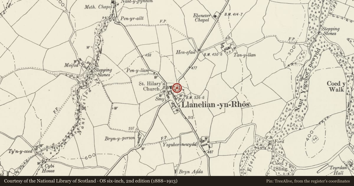 Ordnance Survey six-inch map, 2nd edition (1888–1913) covering the location of Sundial in churchyard of St Elian's Church, Betws Yn Rhos, Conwy, with a pin at the register's coordinates