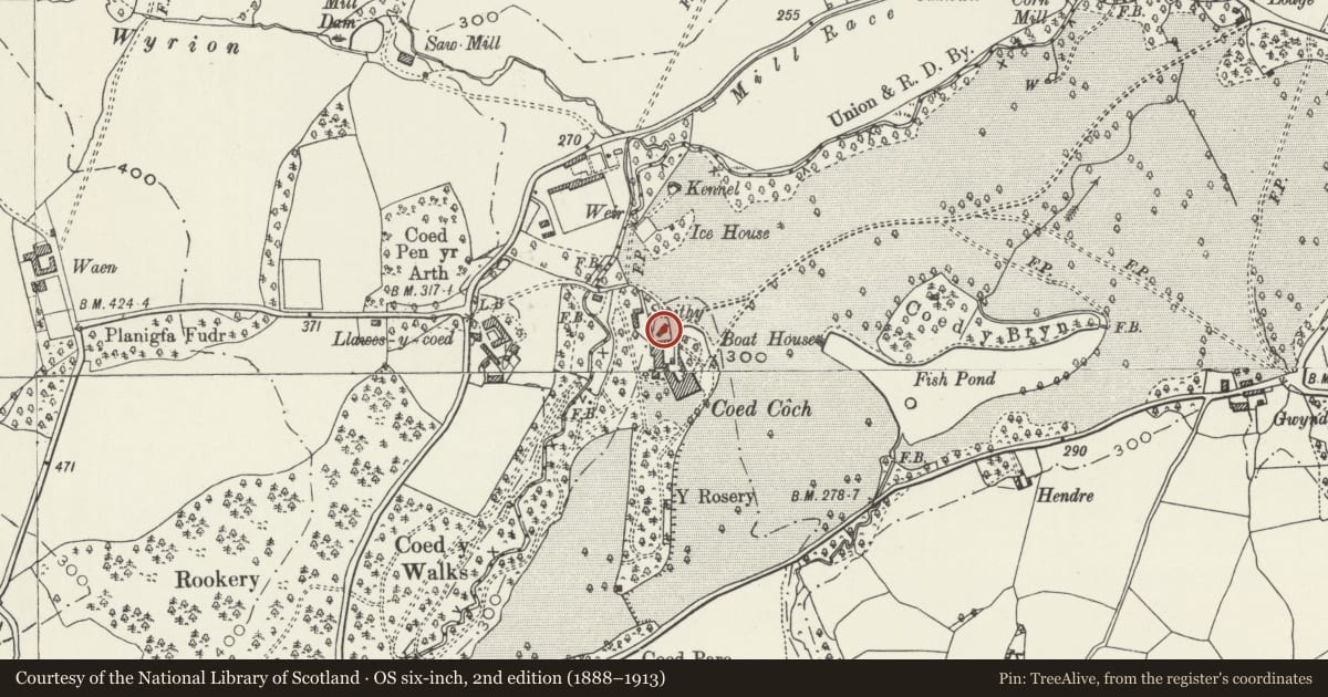 Ordnance Survey six-inch map, 2nd edition (1888–1913) covering the location of Agricultural Range at Coed Coch, Betws Yn Rhos, Conwy, with a pin at the register's coordinates