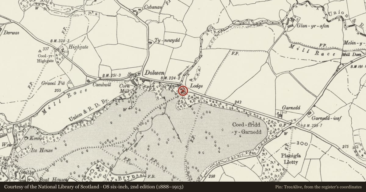 Ordnance Survey six-inch map, 2nd edition (1888–1913) covering the location of Dolwen Lodge, Betws Yn Rhos, Conwy, with a pin at the register's coordinates
