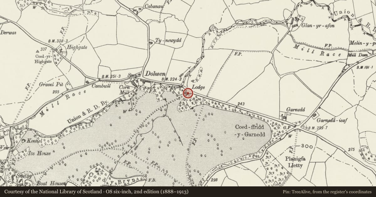 Ordnance Survey six-inch map, 2nd edition (1888–1913) covering the location of Gates and Gatepiers at Dolwen Lodge, Betws Yn Rhos, Conwy, with a pin at the register's coordinates