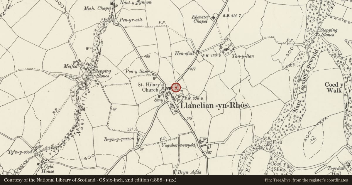 Ordnance Survey six-inch map, 2nd edition (1888–1913) covering the location of Holland Chest Tomb, including adjacent Tombstone to N, in churchyard of St Elian's Church, Betws Yn Rhos, Conwy, with a pin at the register's coordinates