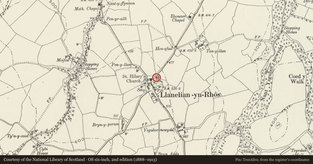 Ordnance Survey six-inch map, 2nd edition (1888–1913) covering the location of Railed Tomb of Holland Family in churchyard of St Elian's Church, Betws Yn Rhos, Conwy, with a pin at the register's coordinates
