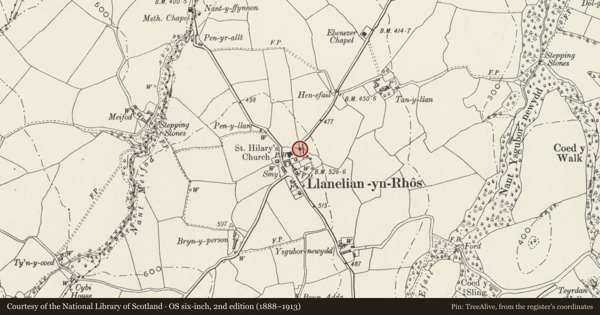Ordnance Survey six-inch map, 2nd edition (1888–1913) covering the location of Railed Tomb of Edwards Family in churchyard of St Elian's Church, Betws Yn Rhos, Conwy, with a pin at the register's coordinates