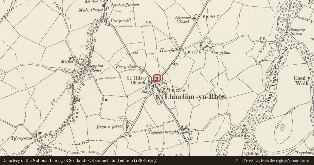 Ordnance Survey six-inch map, 2nd edition (1888–1913) covering the location of Railed Tomb in churchyard of St Elian's Church, Betws Yn Rhos, Conwy, with a pin at the register's coordinates