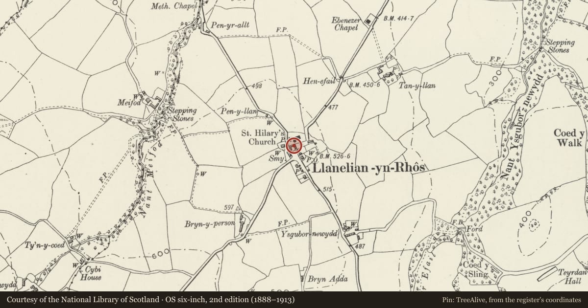 Ordnance Survey six-inch map, 2nd edition (1888–1913) covering the location of White Lion Public House, Betws Yn Rhos, Conwy, with a pin at the register's coordinates