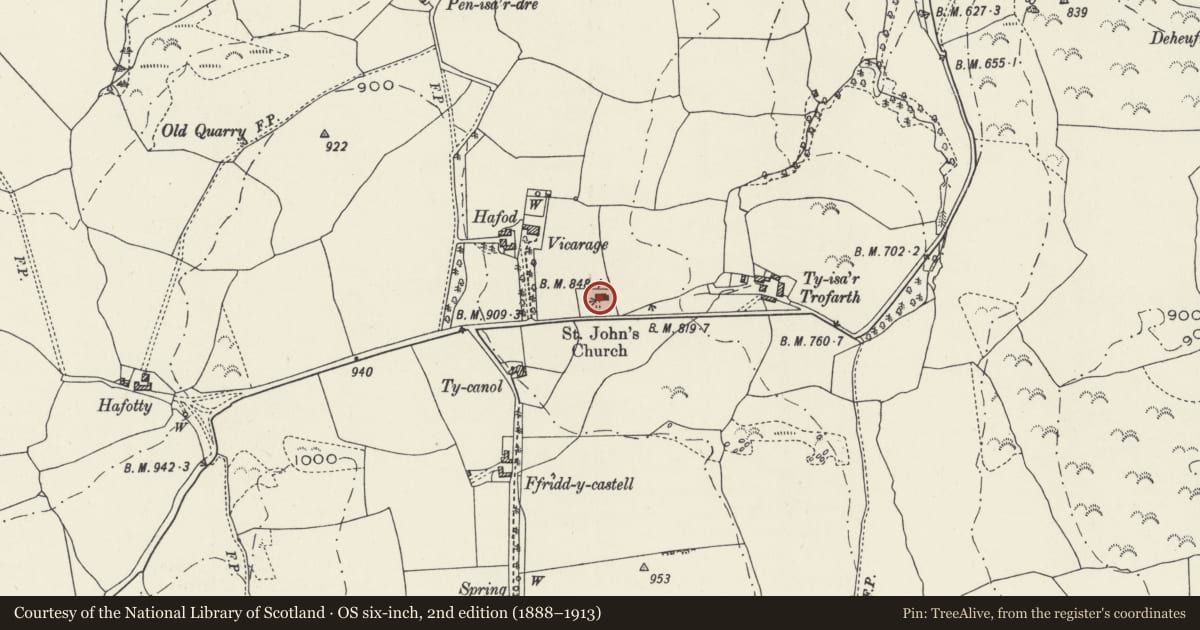 Ordnance Survey six-inch map, 2nd edition (1888–1913) covering the location of St John's Church, Betws Yn Rhos, Conwy, with a pin at the register's coordinates