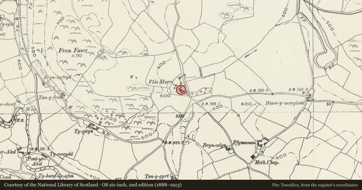 Ordnance Survey six-inch map, 2nd edition (1888–1913) covering the location of L-shaped Barn at Plas Harri, Llannefydd, Conwy, with a pin at the register's coordinates