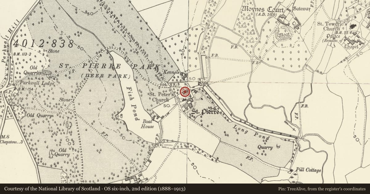Ordnance Survey six-inch map, 2nd edition (1888–1913) covering the location of Gatehouse and attached range at St Pierre Hotel, Mathern, Monmouthshire, with a pin at the register's coordinates