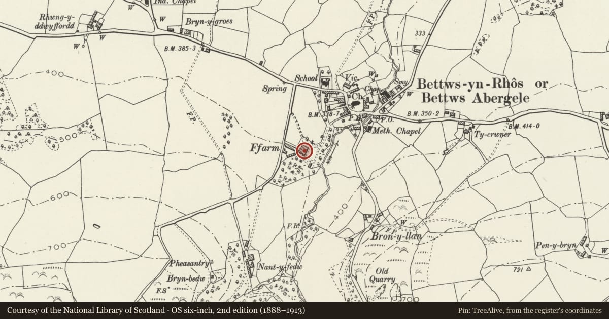 Ordnance Survey six-inch map, 2nd edition (1888–1913) covering the location of Ffarm, Betws Yn Rhos, Conwy, with a pin at the register's coordinates