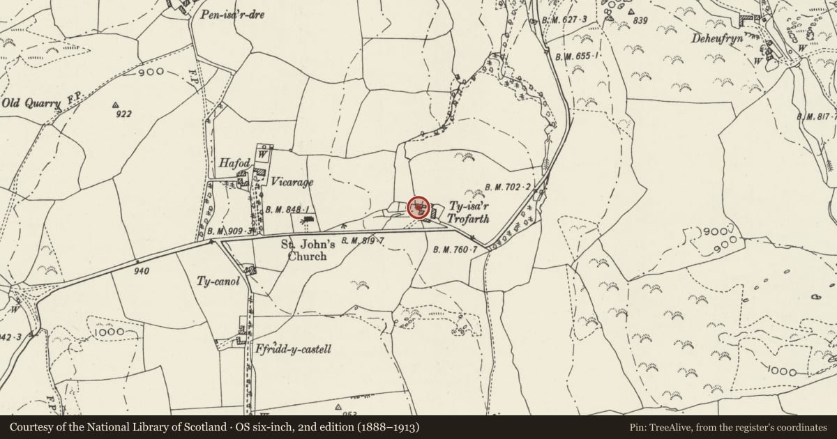 Ordnance Survey six-inch map, 2nd edition (1888–1913) covering the location of Ty Isa Trofarth, Betws Yn Rhos, Conwy, with a pin at the register's coordinates