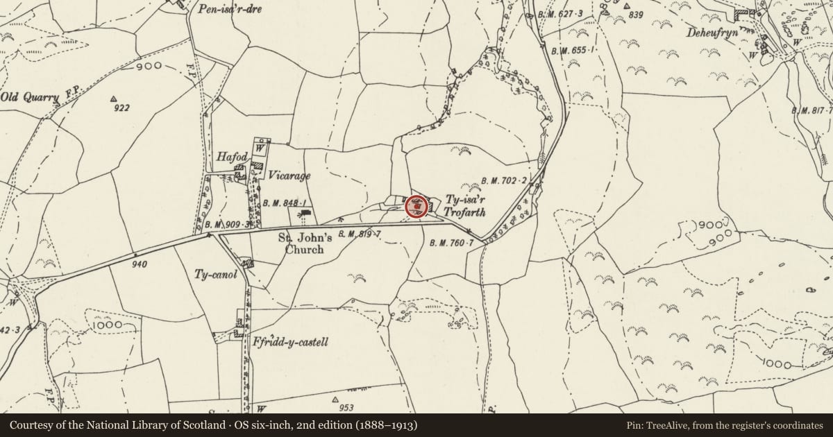 Ordnance Survey six-inch map, 2nd edition (1888–1913) covering the location of Outbuilding at Ty Isa Trofarth, Betws Yn Rhos, Conwy, with a pin at the register's coordinates