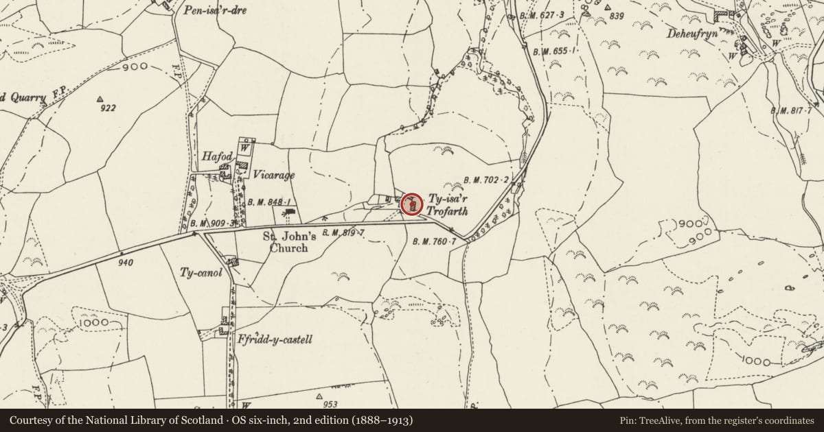 Ordnance Survey six-inch map, 2nd edition (1888–1913) covering the location of Barn at Ty Isa Trofarth, Betws Yn Rhos, Conwy, with a pin at the register's coordinates