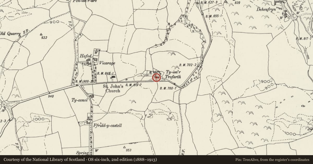 Ordnance Survey six-inch map, 2nd edition (1888–1913) covering the location of Agricultural Range at Ty Isa Trofarth, Betws Yn Rhos, Conwy, with a pin at the register's coordinates