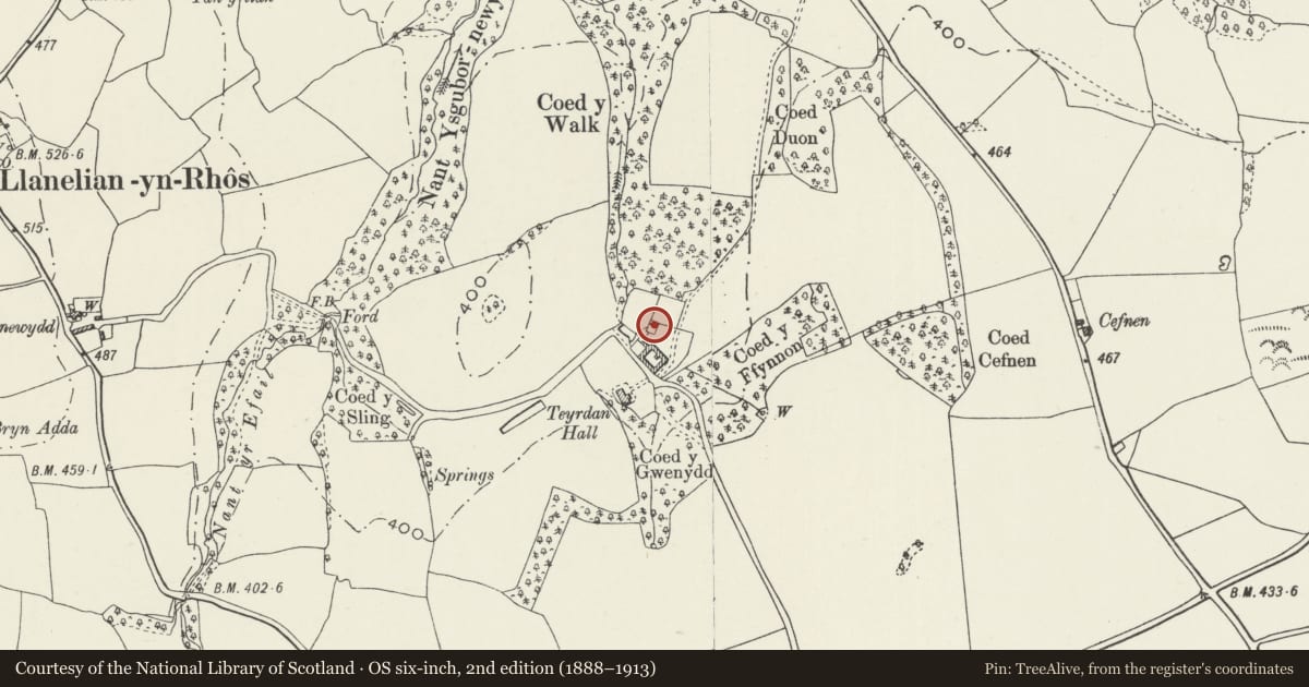 Ordnance Survey six-inch map, 2nd edition (1888–1913) covering the location of Carthouse at Teyrdan, Betws Yn Rhos, Conwy, with a pin at the register's coordinates