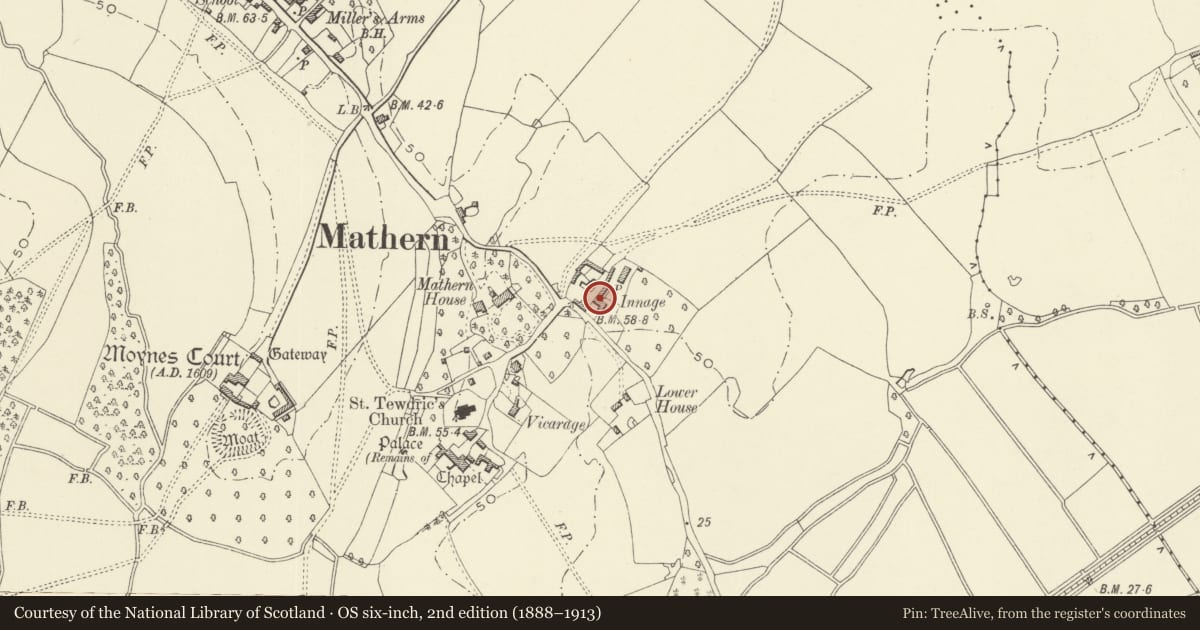 Ordnance Survey six-inch map, 2nd edition (1888–1913) covering the location of Innage Farmhouse and attached outhouse, Mathern, Monmouthshire, with a pin at the register's coordinates