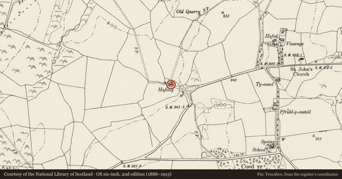 Ordnance Survey six-inch map, 2nd edition (1888–1913) covering the location of Hafodty and adjoining Agricultural Range, Betws Yn Rhos, Conwy, with a pin at the register's coordinates