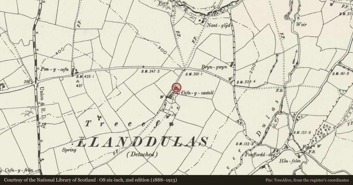 Ordnance Survey six-inch map, 2nd edition (1888–1913) covering the location of Agricultural Range at Cefn Castell, Betws Yn Rhos, Conwy, with a pin at the register's coordinates