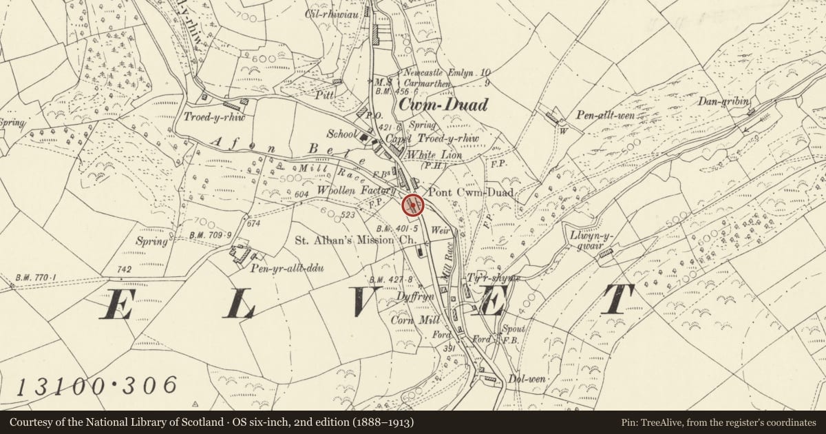 Ordnance Survey six-inch map, 2nd edition (1888–1913) covering the location of Toll Cottage, Cynwyl Elfed, Carmarthenshire, with a pin at the register's coordinates