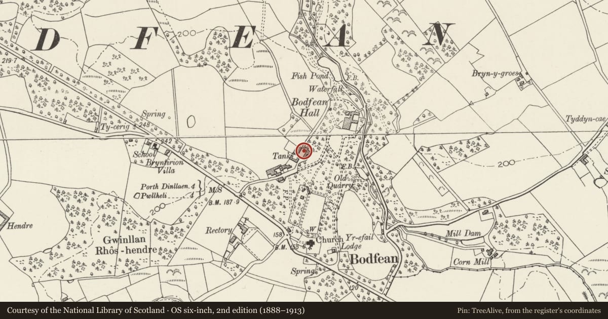 Ordnance Survey six-inch map, 2nd edition (1888–1913) covering the location of Out-buildings at Home Farm, Plas Boduan, Buan, Gwynedd, with a pin at the register's coordinates