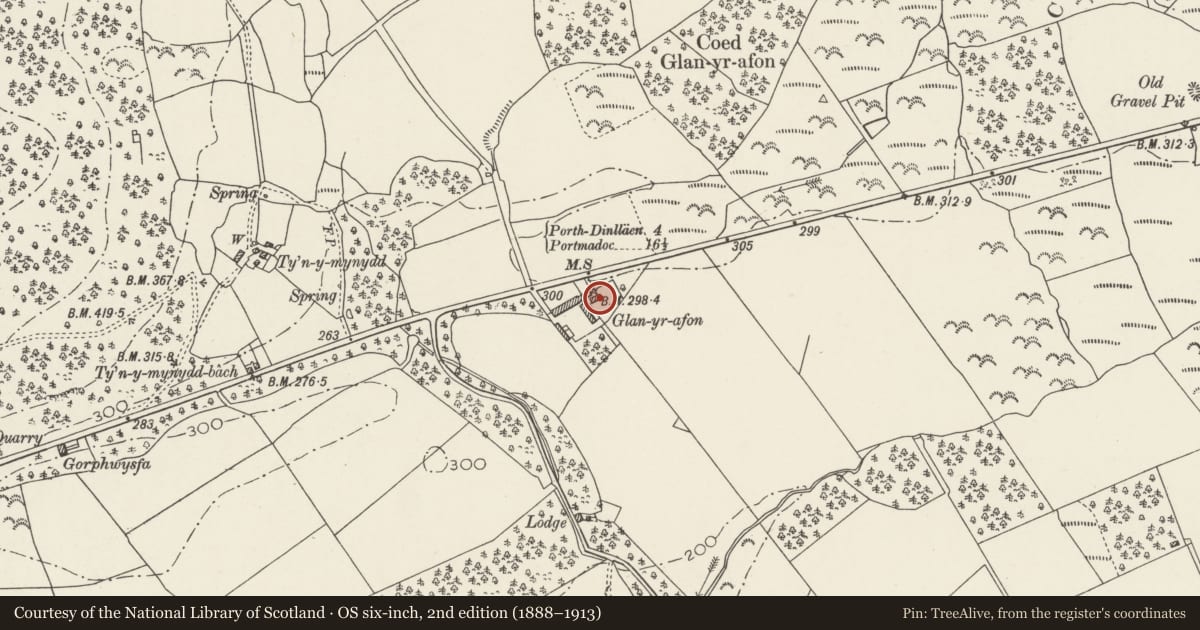 Ordnance Survey six-inch map, 2nd edition (1888–1913) covering the location of Glanrafon, Buan, Gwynedd, with a pin at the register's coordinates