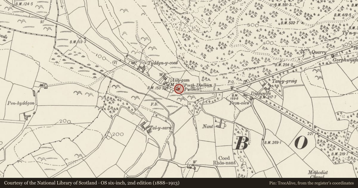 Ordnance Survey six-inch map, 2nd edition (1888–1913) covering the location of Tan-y-fron, Buan, Gwynedd, with a pin at the register's coordinates