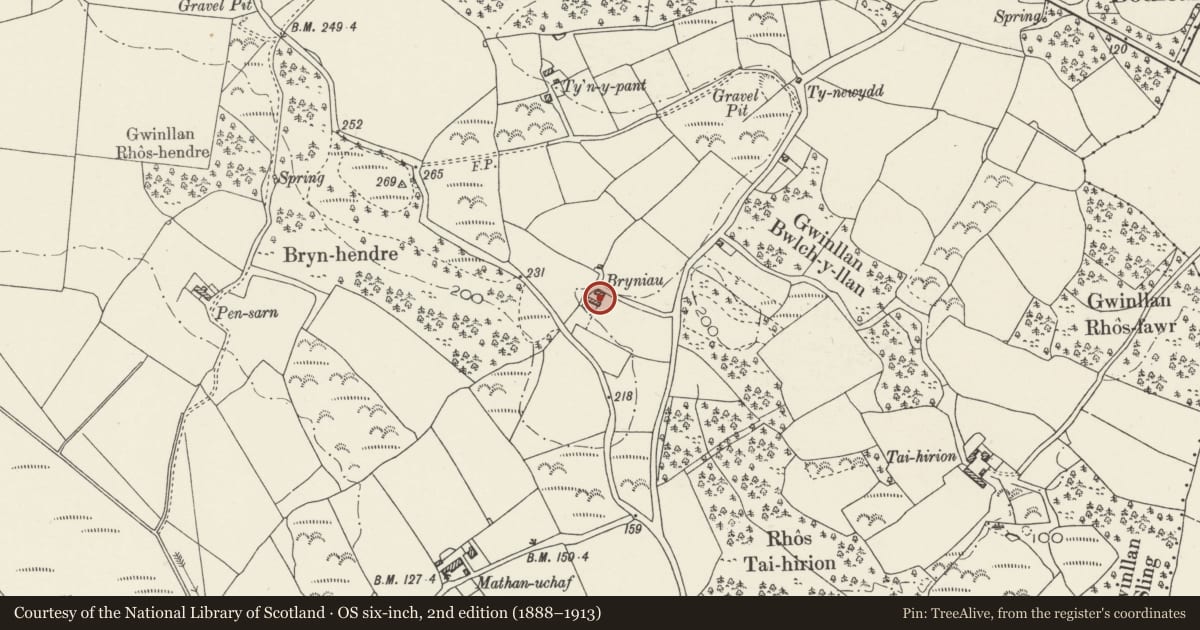 Ordnance Survey six-inch map, 2nd edition (1888–1913) covering the location of Bryniau, Buan, Gwynedd, with a pin at the register's coordinates