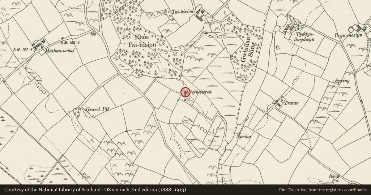 Ordnance Survey six-inch map, 2nd edition (1888–1913) covering the location of Cefniwrch, Buan, Gwynedd, with a pin at the register's coordinates