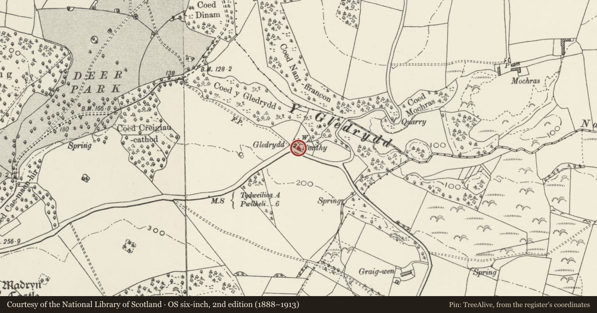 Ordnance Survey six-inch map, 2nd edition (1888–1913) covering the location of Efail Gledrydd, Buan, Gwynedd, with a pin at the register's coordinates