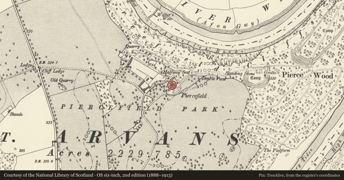 Ordnance Survey six-inch map, 2nd edition (1888–1913) covering the location of Ruins of Piercefield House (Central Block), Chepstow, Monmouthshire, with a pin at the register's coordinates