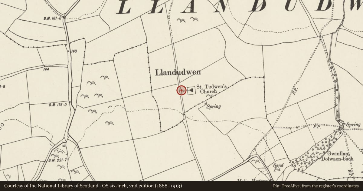 Ordnance Survey six-inch map, 2nd edition (1888–1913) covering the location of Lychgate and churchyard wall to Church of St Tudwen, Buan, Gwynedd, with a pin at the register's coordinates