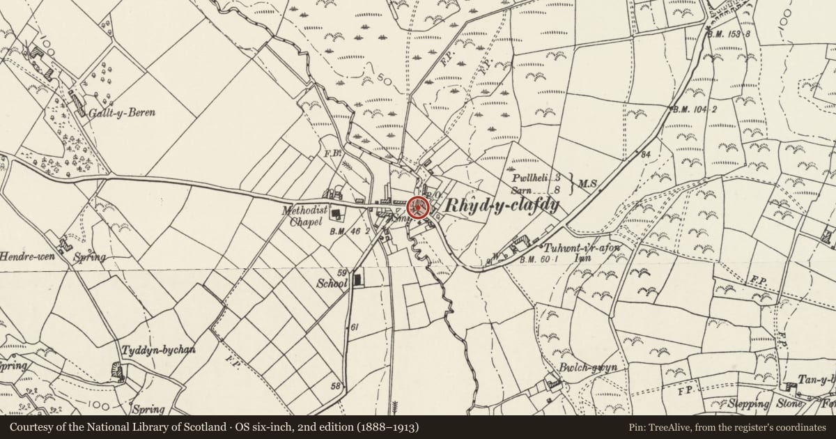 Ordnance Survey six-inch map, 2nd edition (1888–1913) covering the location of Pont Rhydyclafdy, Buan, Gwynedd, with a pin at the register's coordinates