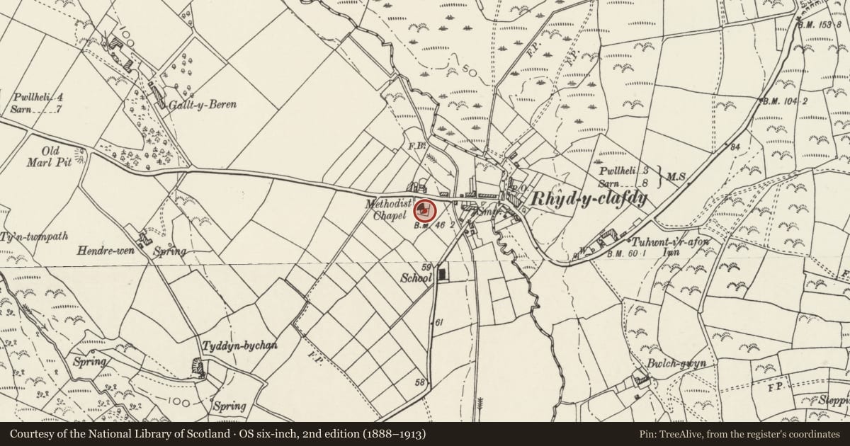 Ordnance Survey six-inch map, 2nd edition (1888–1913) covering the location of Ty Capel Rhydyclafdy, Buan, Gwynedd, with a pin at the register's coordinates
