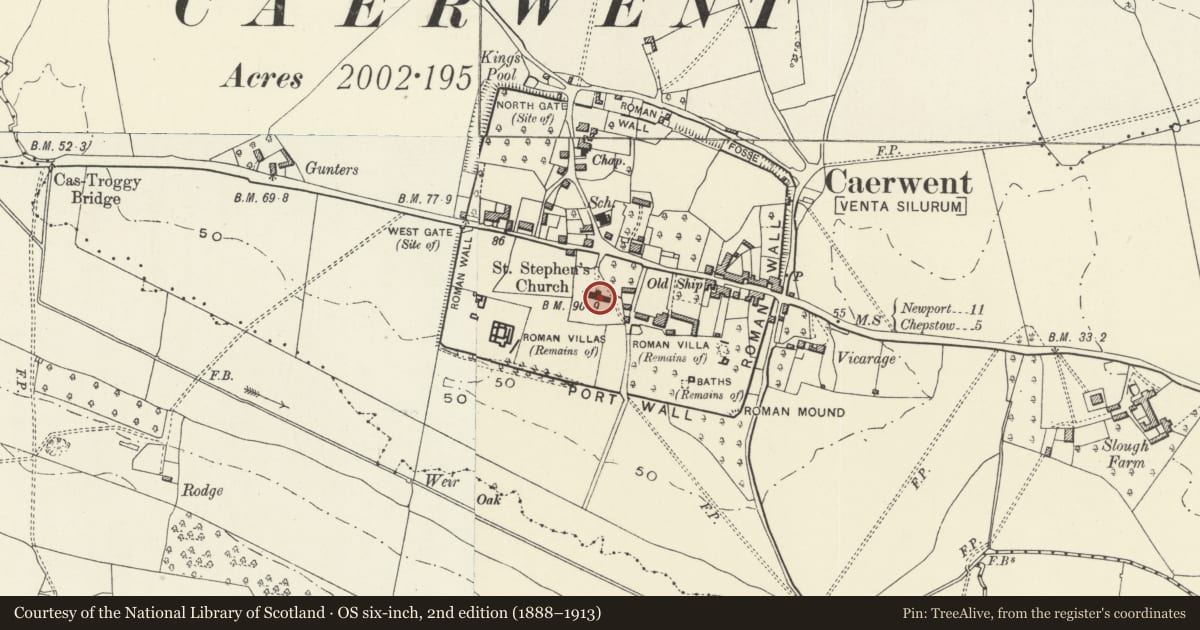 Ordnance Survey six-inch map, 2nd edition (1888–1913) covering the location of Church of St Stephen and St Tathan (Tatheus), Caerwent, Monmouthshire, with a pin at the register's coordinates