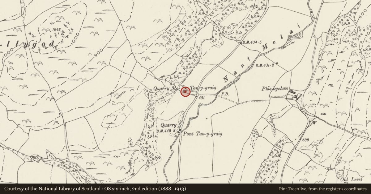 Ordnance Survey six-inch map, 2nd edition (1888–1913) covering the location of Tan-y-Graig Farmhouse, Llanfair Talhaiarn, Conwy, with a pin at the register's coordinates