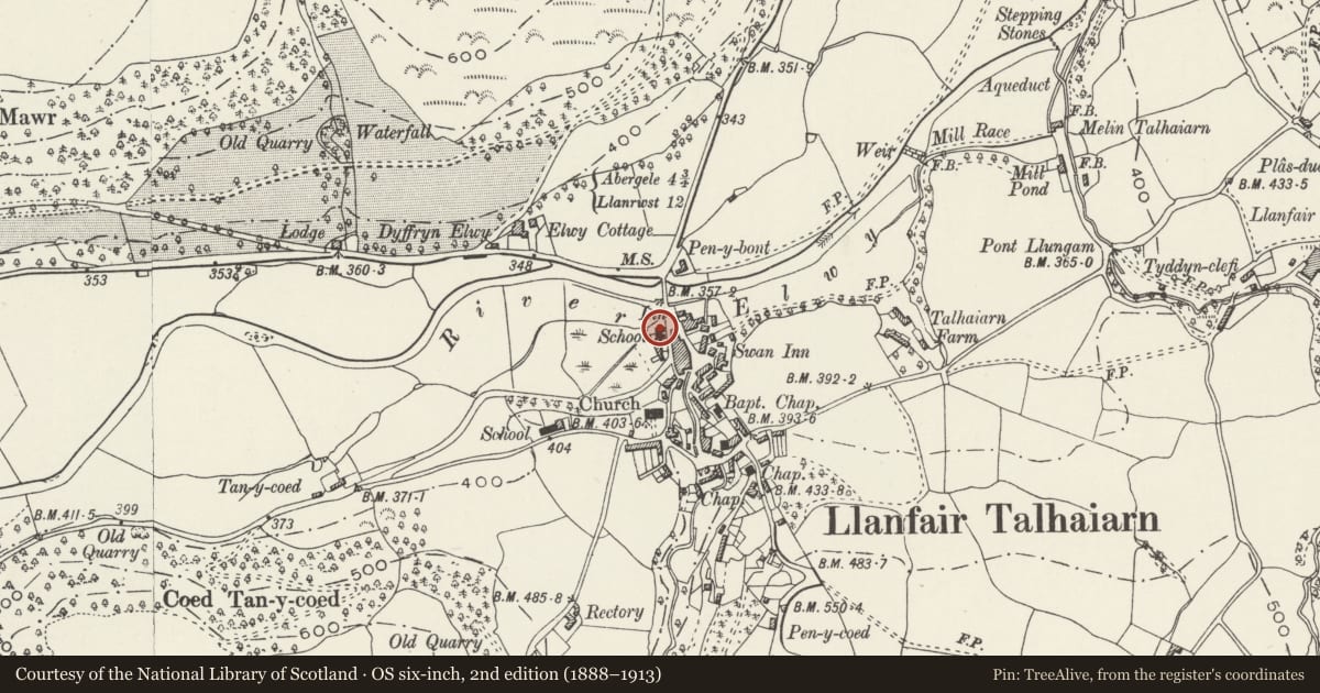 Ordnance Survey six-inch map, 2nd edition (1888–1913) covering the location of Old School, Llanfair Talhaiarn, Conwy, with a pin at the register's coordinates