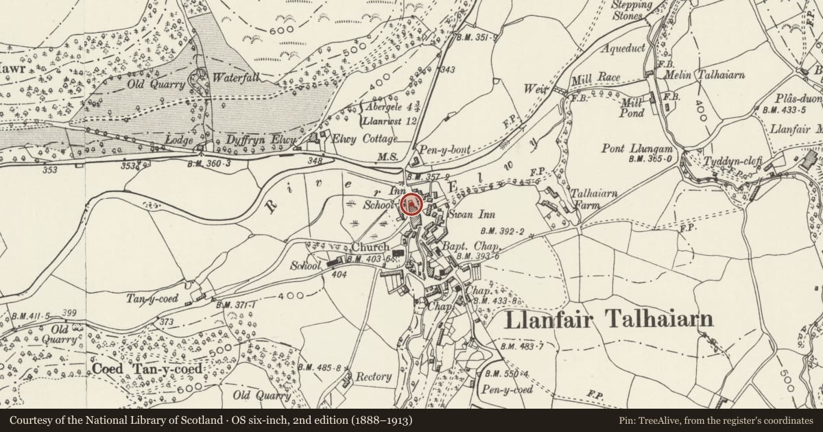 Ordnance Survey six-inch map, 2nd edition (1888–1913) covering the location of Plas-yn-Llan, Llanfair Talhaiarn, Conwy, with a pin at the register's coordinates