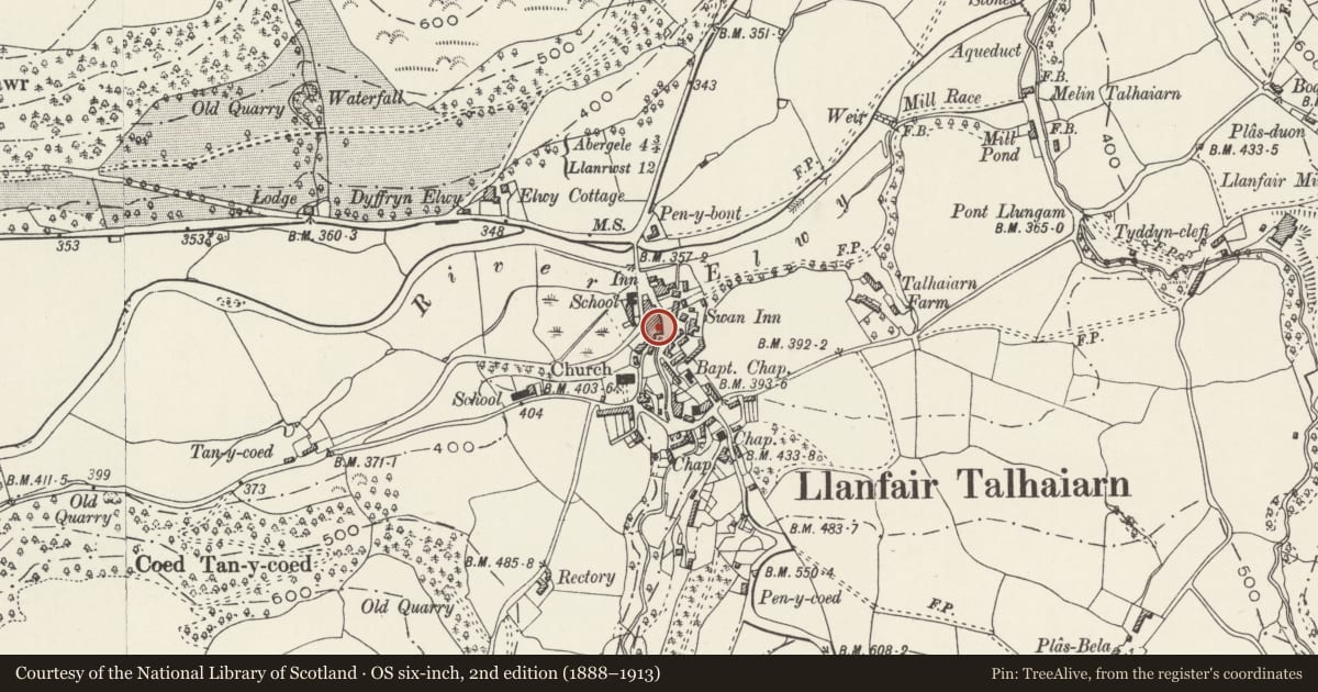 Ordnance Survey six-inch map, 2nd edition (1888–1913) covering the location of Neuadd Elwy, Llanfair Talhaiarn, Conwy, with a pin at the register's coordinates