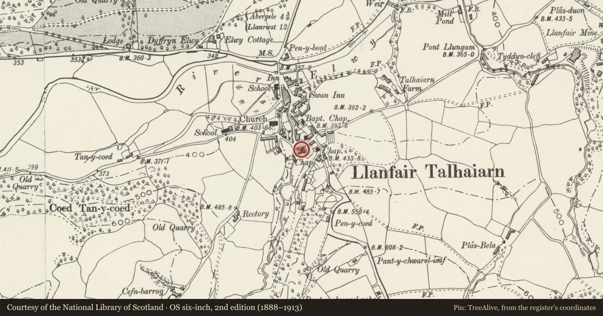 Ordnance Survey six-inch map, 2nd edition (1888–1913) covering the location of Soar Methodist Chapel and attached Manse, Llanfair Talhaiarn, Conwy, with a pin at the register's coordinates