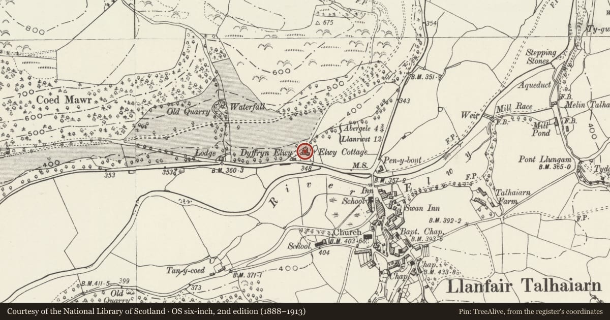 Ordnance Survey six-inch map, 2nd edition (1888–1913) covering the location of Dyffryn Elwy, Llanfair Talhaiarn, Conwy, with a pin at the register's coordinates