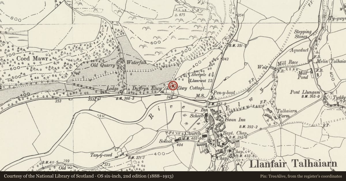 Ordnance Survey six-inch map, 2nd edition (1888–1913) covering the location of Elwy Cottage, Llanfair Talhaiarn, Conwy, with a pin at the register's coordinates